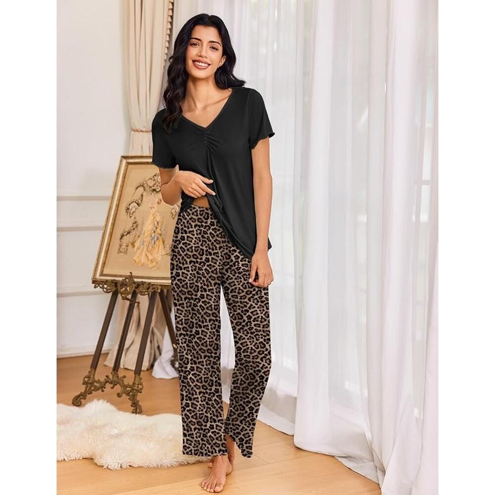 Women's 2 Pc Pajama Set Soft Lounge Sleepwear V Neck Pockets Leopard New